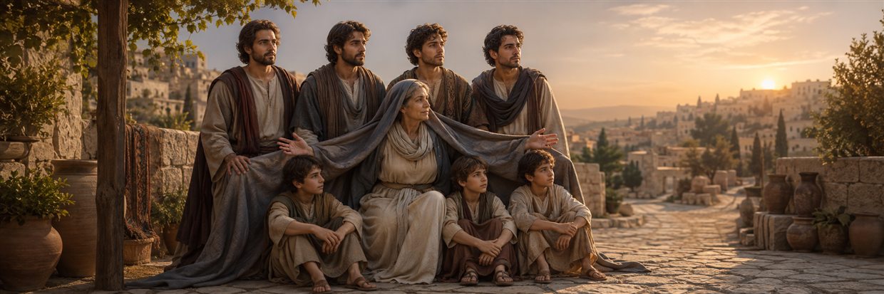 A mother shelters her seven sons beneath her mantle while courageously releasing them toward faithful witness